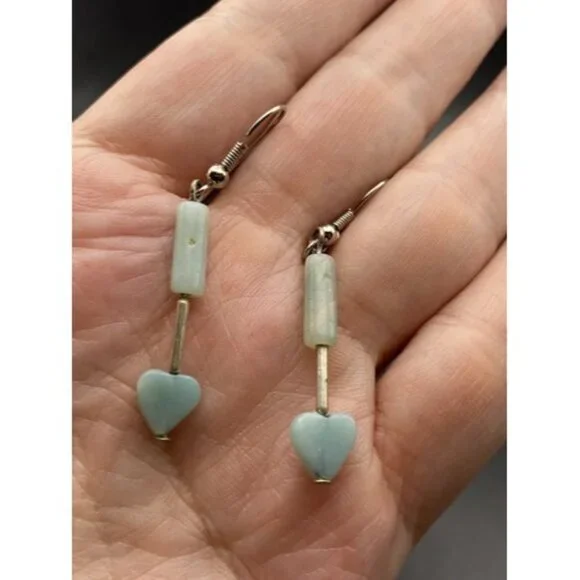 Lot of 3 Pairs Earrings Aventurine Green Stone Dangle/Drop Silver Tone Heart - Picture 6 of 10
